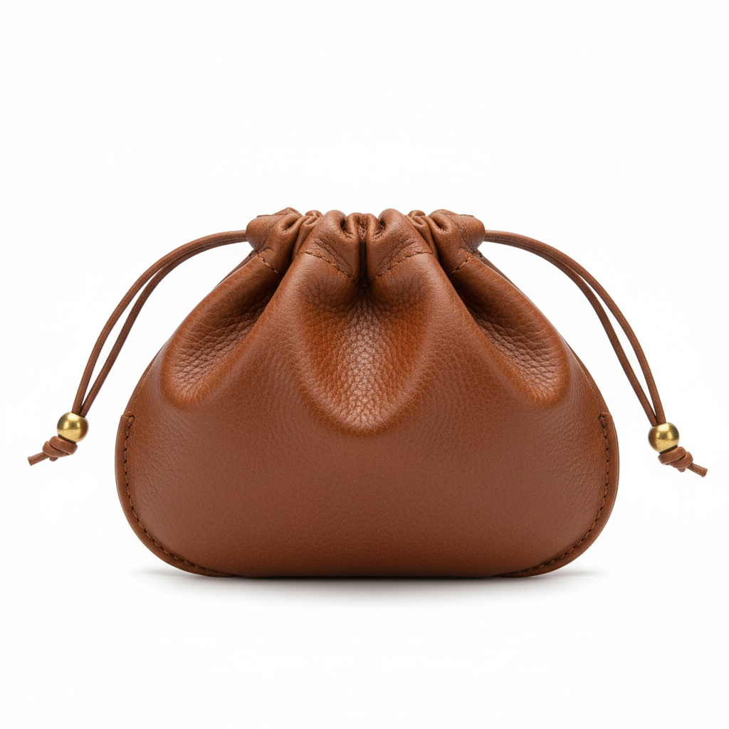 Brown leather drawstring eyeglass pouch - front view