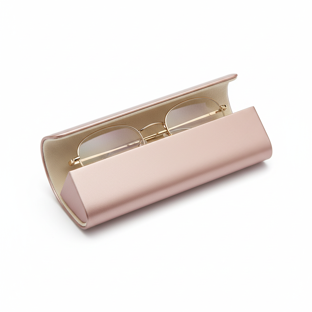 Rose gold magnetic folding eyeglass case - open view