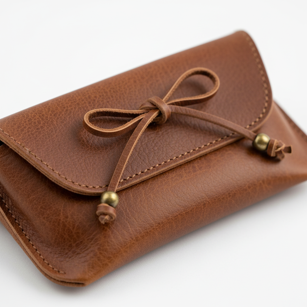Brown leather drawstring eyeglass pouch - texture detail