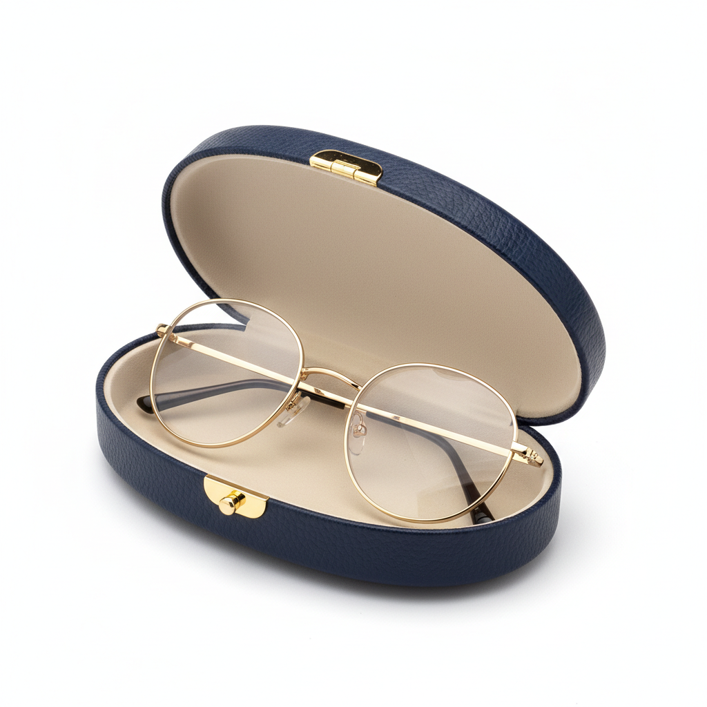 Navy blue clamshell eyeglass case - open view