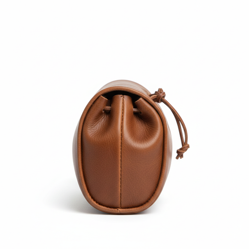 Brown leather drawstring eyeglass pouch - side view