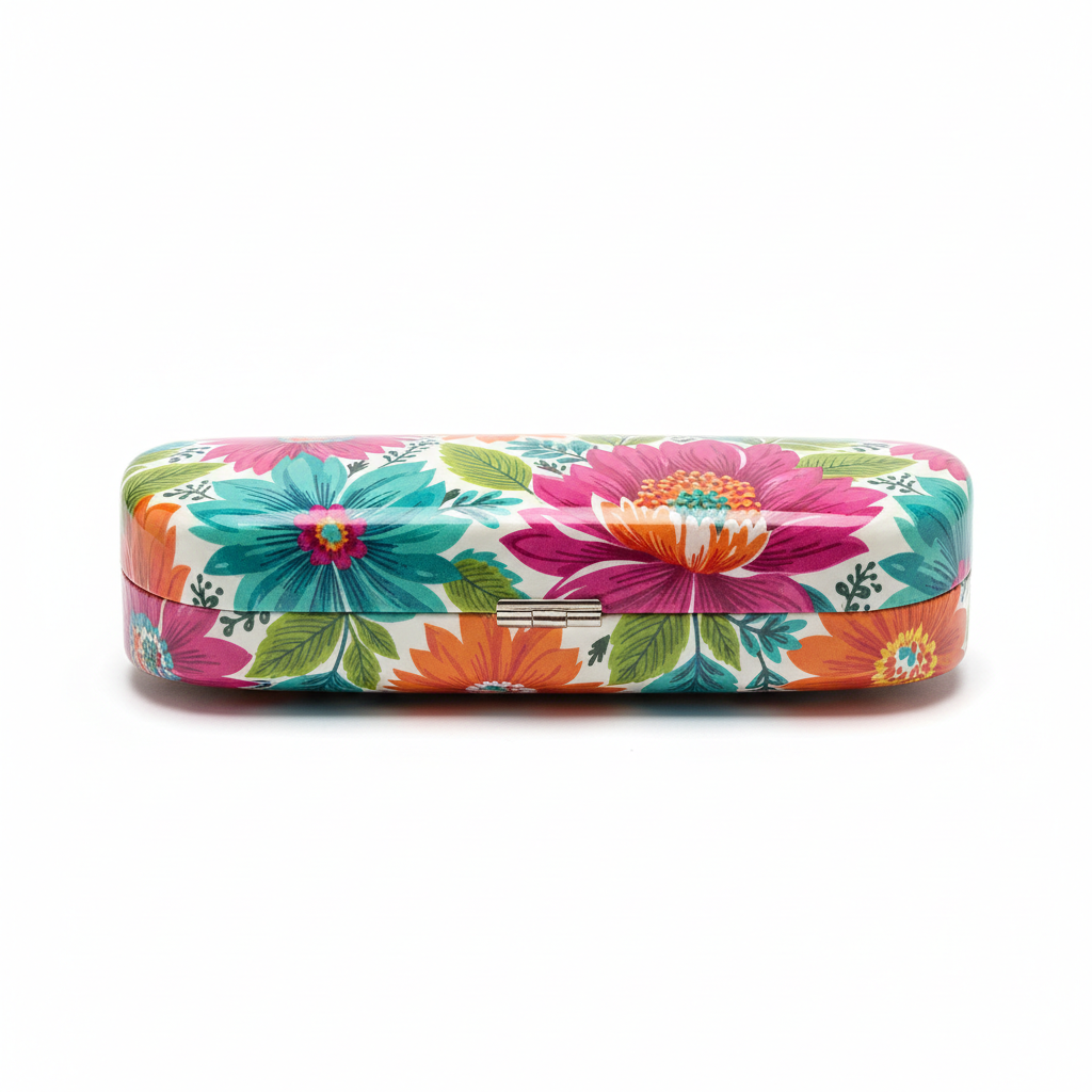 Colorful floral print hard shell eyeglass case - side view