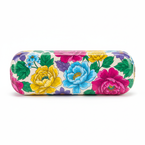 Colorful floral print hard shell eyeglass case - front view