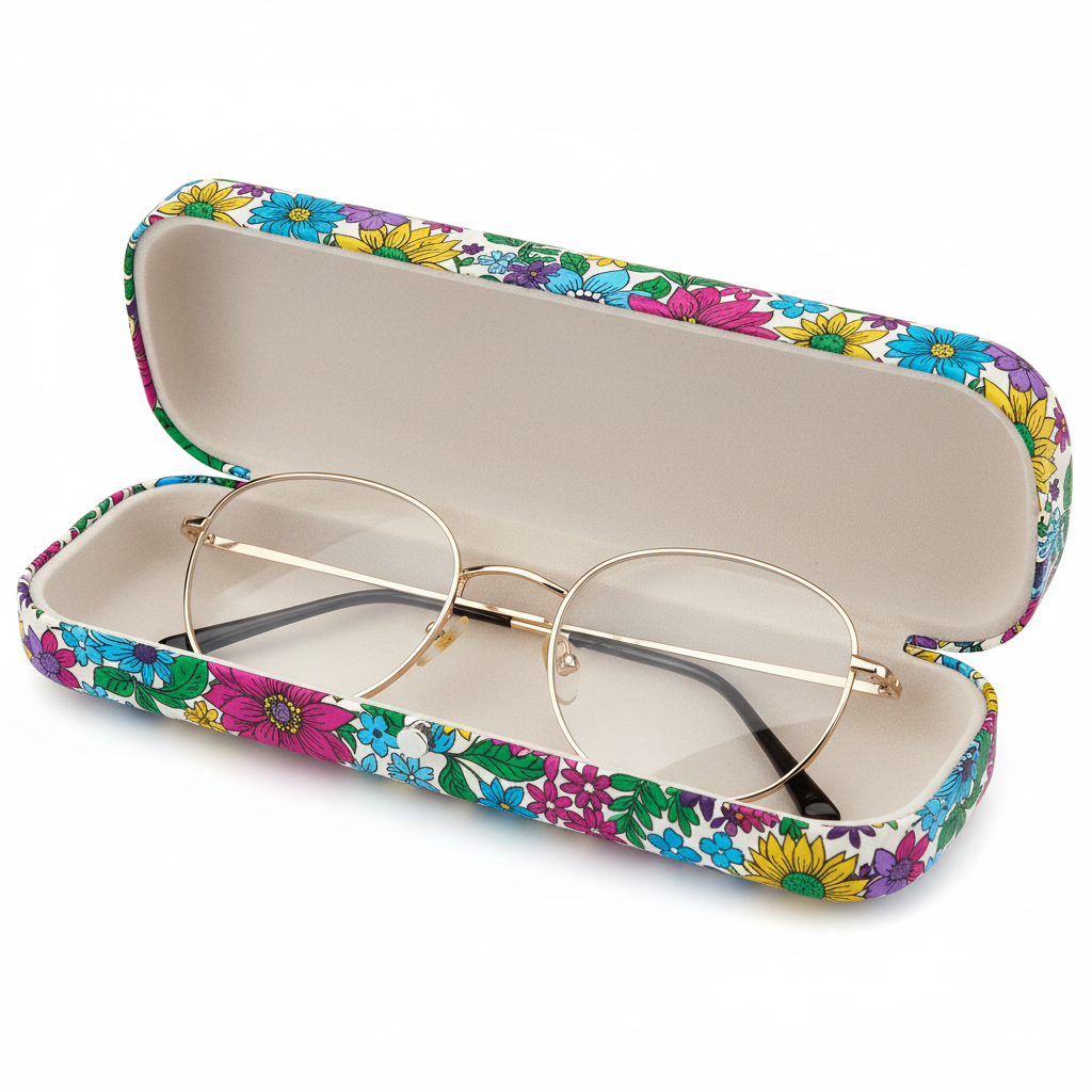 Colorful floral print hard shell eyeglass case - open view