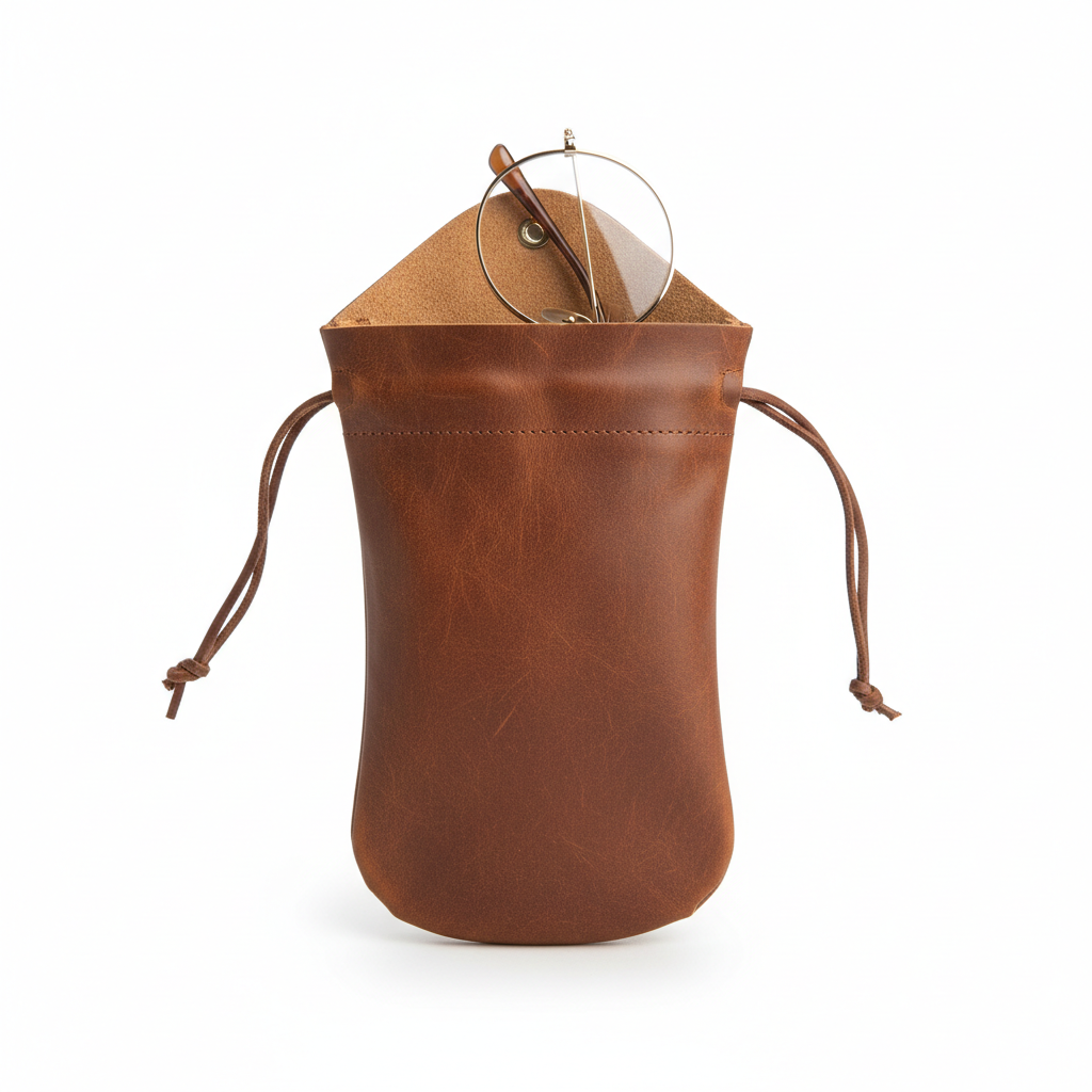 Brown leather drawstring eyeglass pouch - open view